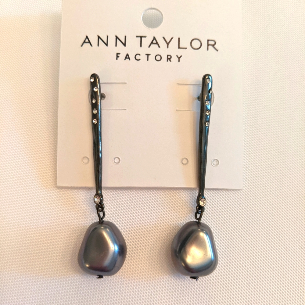 Ann Taylor Factory Gunmetal Gray Drop Earrings with Rhinestones